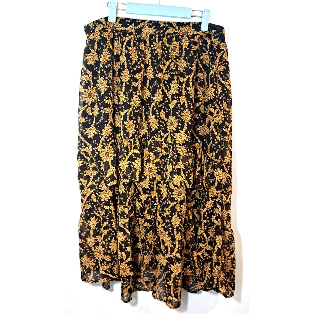 ANN TAYLOR Ruffles Tiered Midi Skirt‎ Womens 12 Floral Lined Country Chic